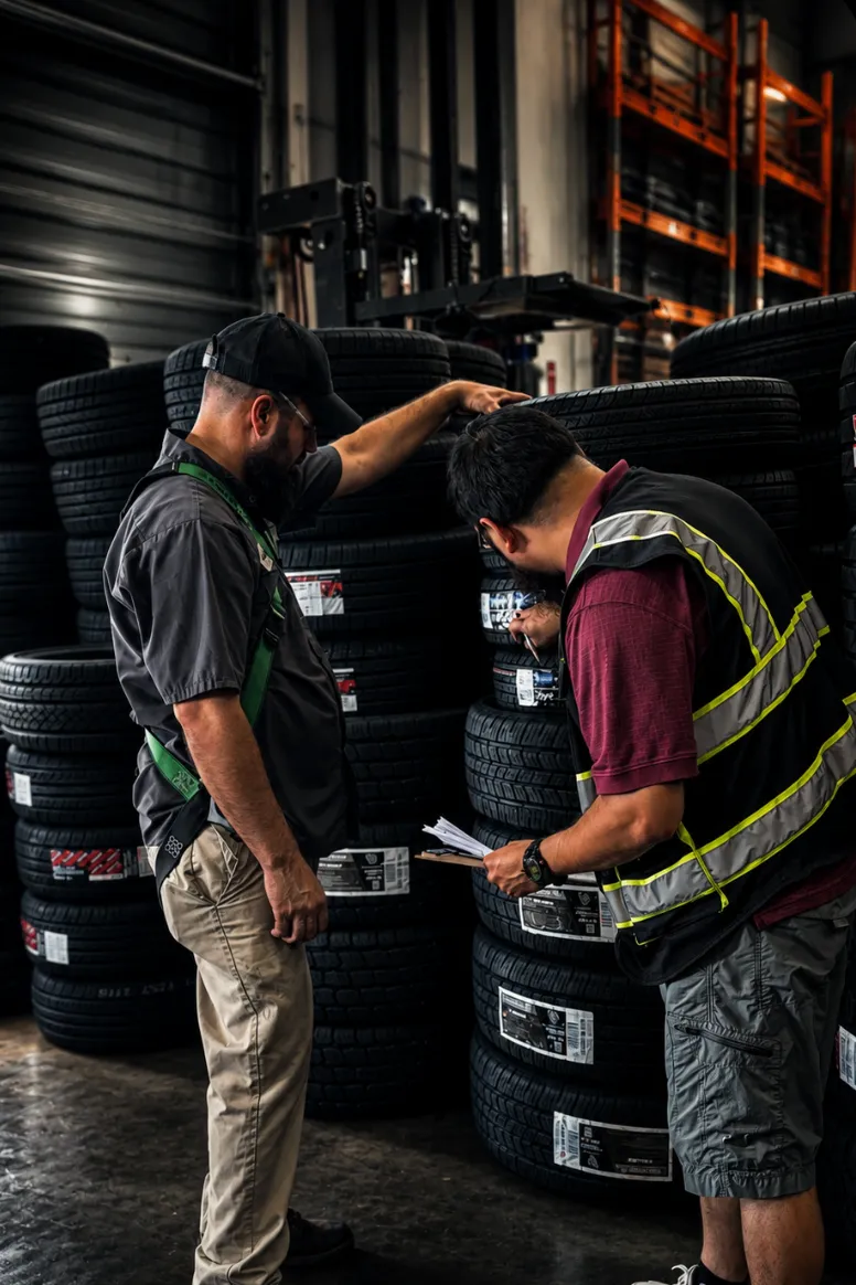 USA Wheel & Tire warehouse team inspecting tire inventory