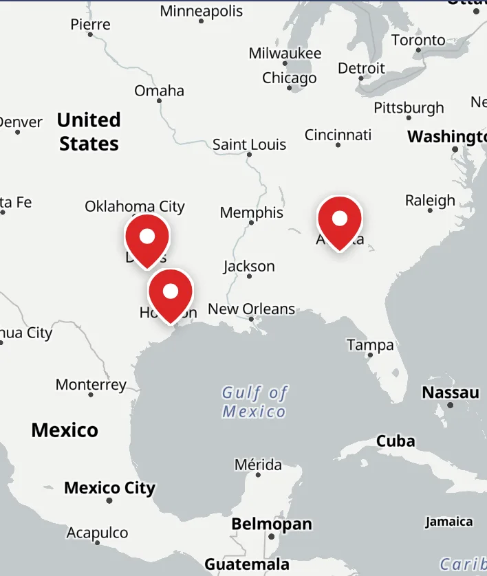 Map of our three hubs: Wilmer, TX near Dallas, Houston, TX, and Morrow, GA near Atlanta